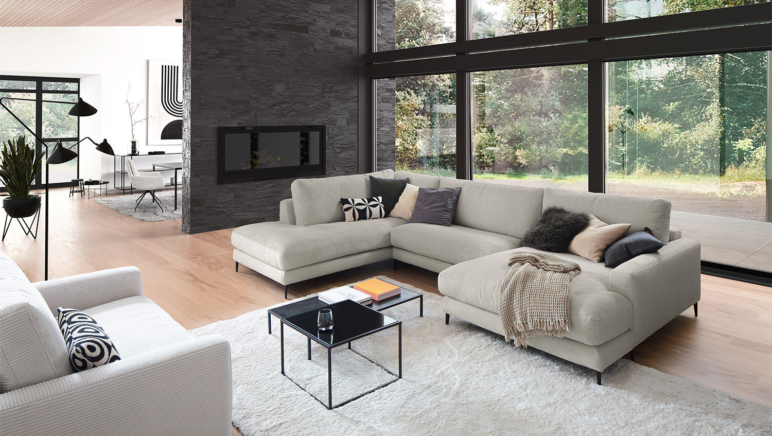KAWOLA Sofa CARA Wohnlandschaft U-Form Cord steingrau, Rechts