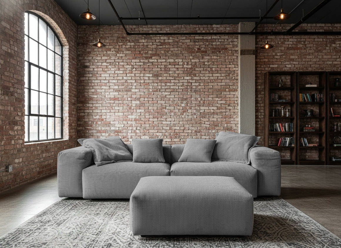 KAWOLA Sofa CELESTE 4-Sitzer mit Hocker Cord grau