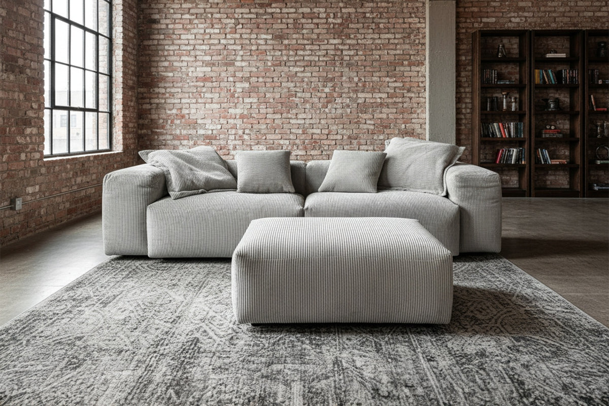KAWOLA Sofa CELESTE 4-Sitzer mit Hocker Cord hellgrau