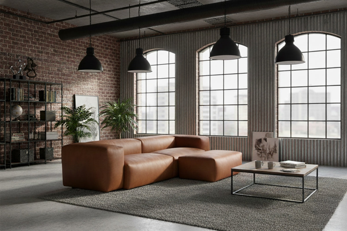 KAWOLA Sofa CELESTE 4-Sitzer mit Hocker Lederfaserstoff cognac