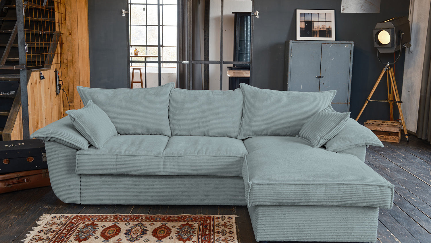 KAWOLA Sofa DAMETO Ecksofa Bettsofa Schlafsofa mit Stauraum Cord hellblau