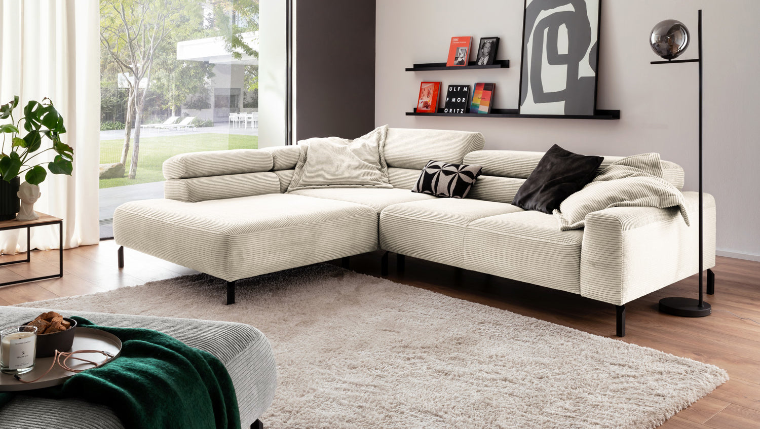 KAWOLA Sofa DELIA Ecksofa Cord cremeweiß, 312 x 219, Links, Ohne Komfortfunktion