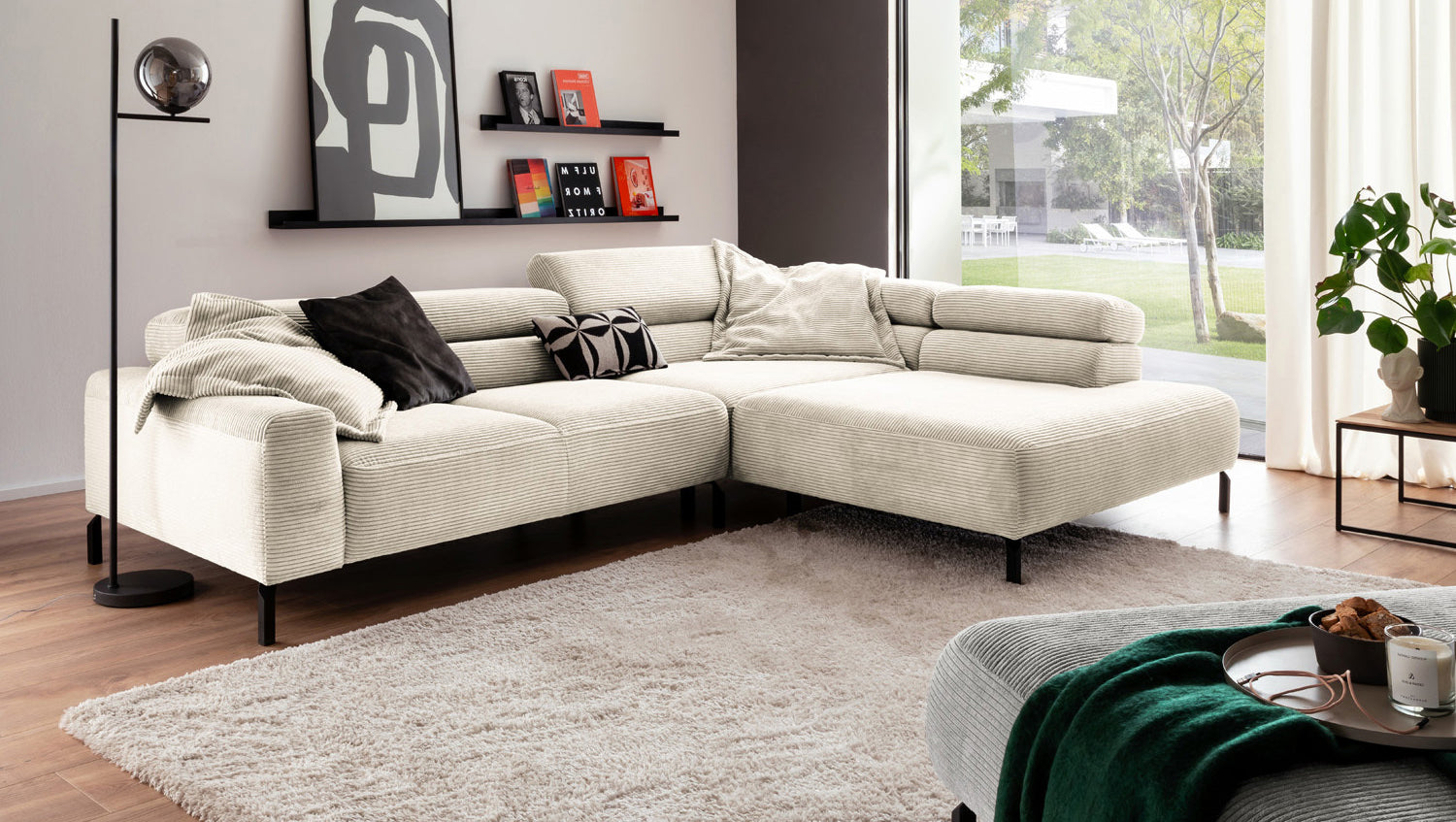 KAWOLA Sofa DELIA Ecksofa Cord cremeweiß, 312 x 219, Rechts, Ohne Komfortfunktion