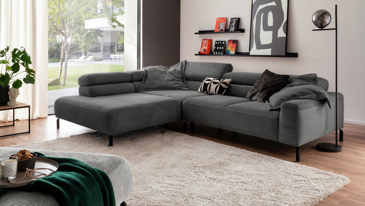 KAWOLA Sofa DELIA Ecksofa Cord grau, 312 x 219, Links, Relaxfunktion