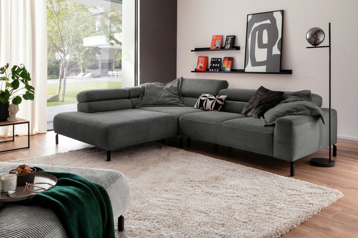 KAWOLA Sofa DELIA Ecksofa Cord grau, 312 x 219, Links, Relaxfunktion