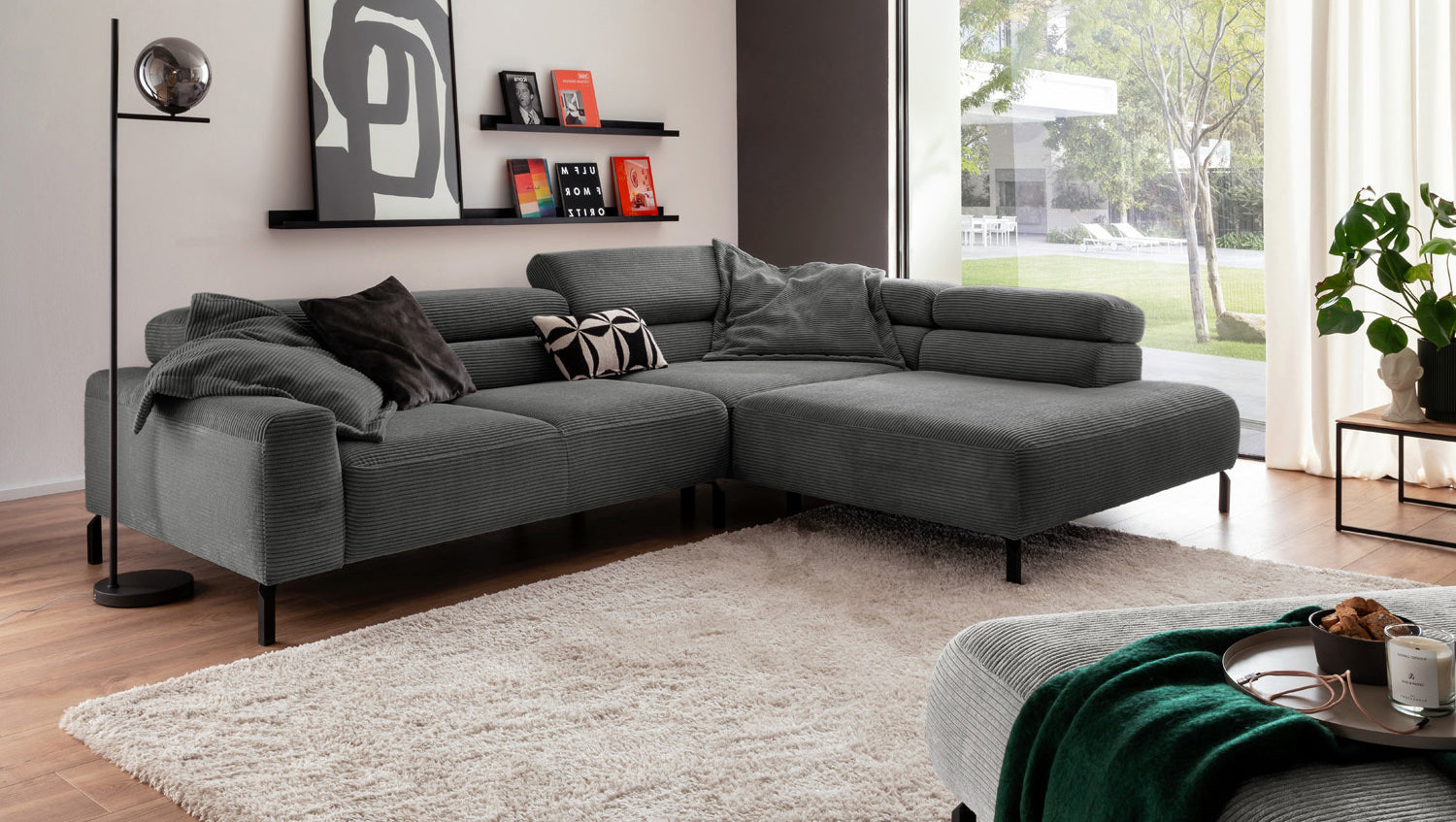 KAWOLA Sofa DELIA Ecksofa Cord grau, 312 x 219, Rechts, Relaxfunktion