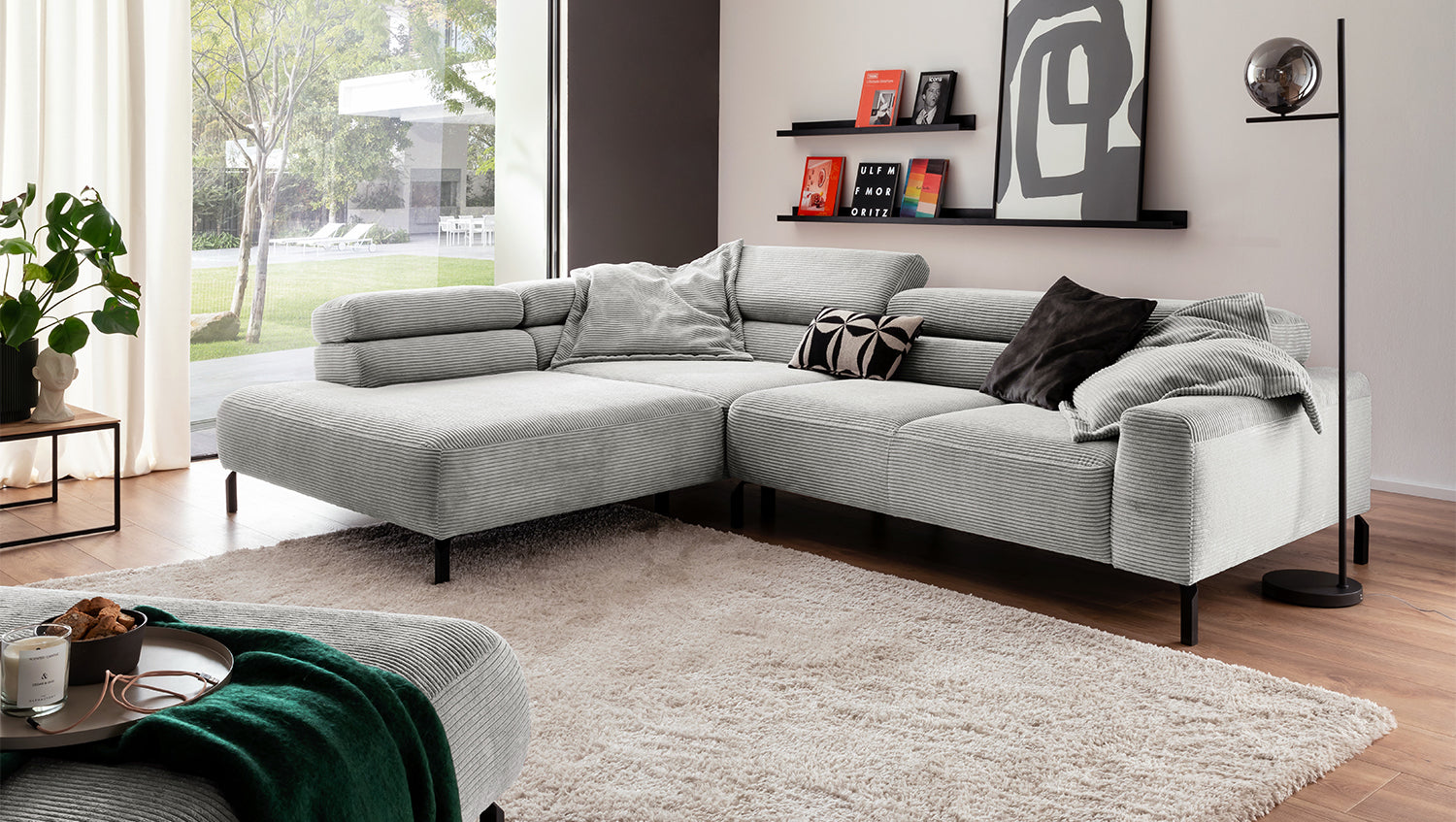 KAWOLA Sofa DELIA Ecksofa Cord hellgrau, 276 x 219, Links, Ohne Komfortfunktion