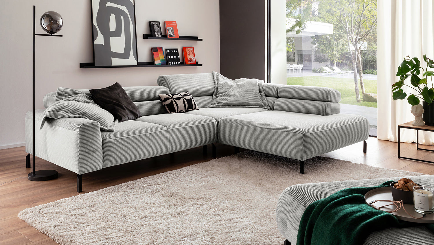 KAWOLA Sofa DELIA Ecksofa Cord hellgrau, 276 x 219, Rechts, Ohne Komfortfunktion