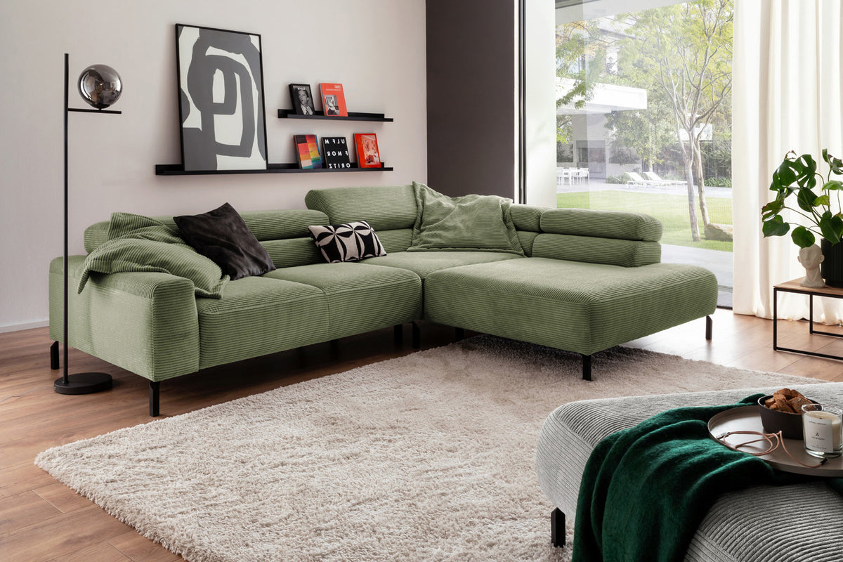 KAWOLA Sofa DELIA Ecksofa Cord olivgrün, 276 x 219, Rechts, Relaxfunktion
