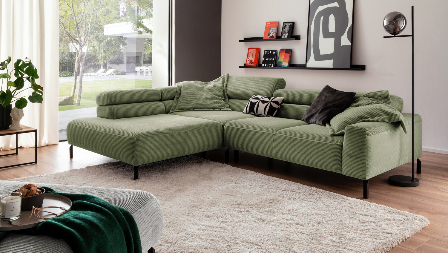 KAWOLA Sofa DELIA Ecksofa Cord olivgrün, 312 x 219, Links, Relaxfunktion