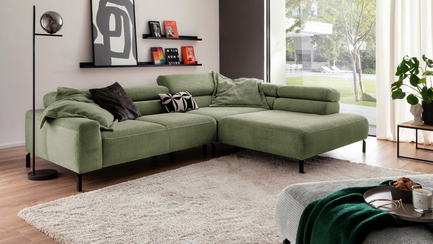 KAWOLA Sofa DELIA Ecksofa Cord olivgrün, 312 x 219, Rechts, Relaxfunktion