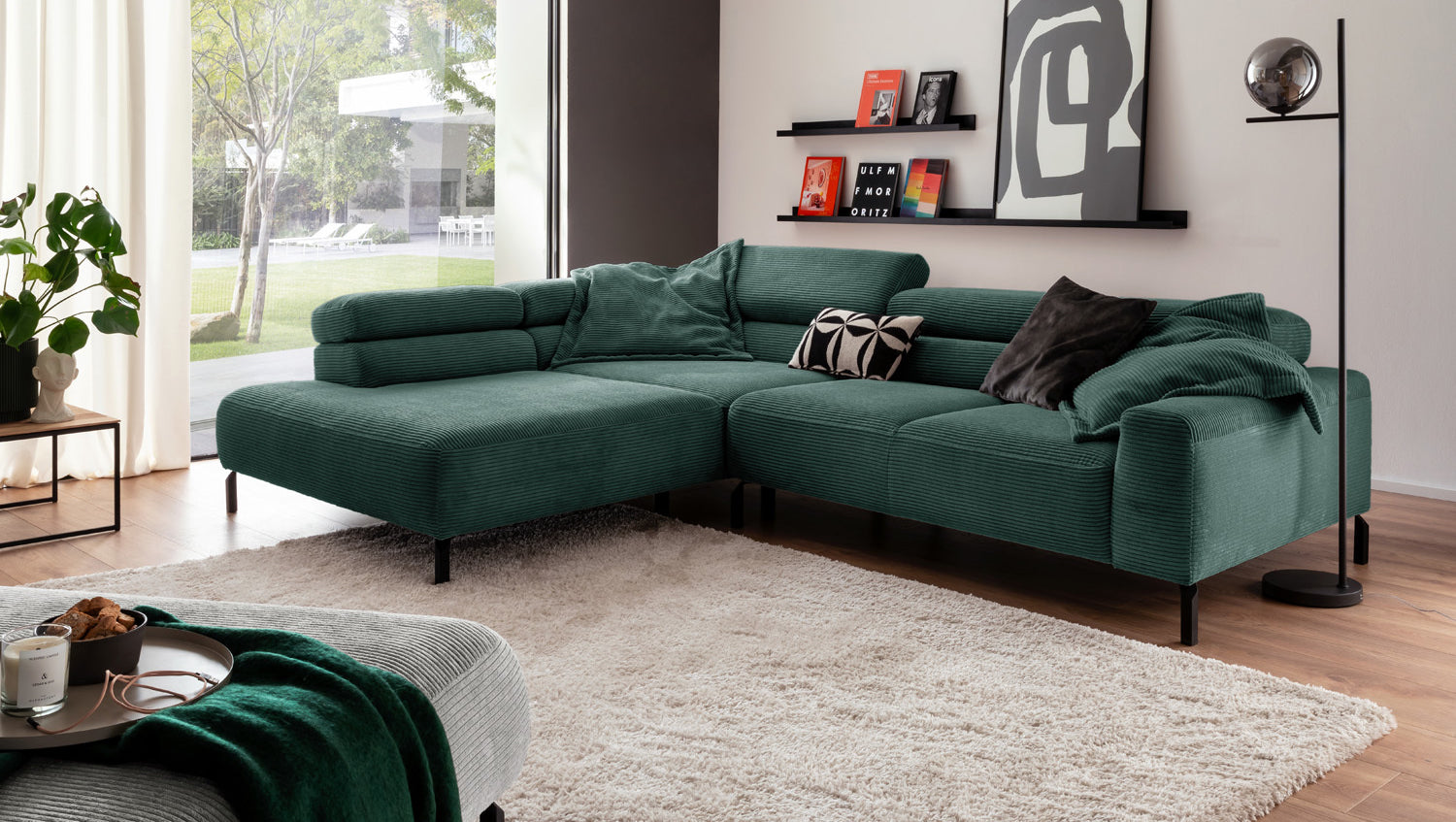 KAWOLA Sofa DELIA Ecksofa Cord smaragd, 312 x 219, Links, Relaxfunktion
