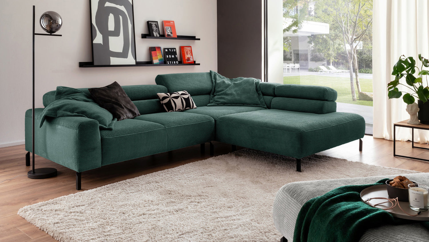 KAWOLA Sofa DELIA Ecksofa Cord smaragd, 312 x 219, Rechts, Relaxfunktion