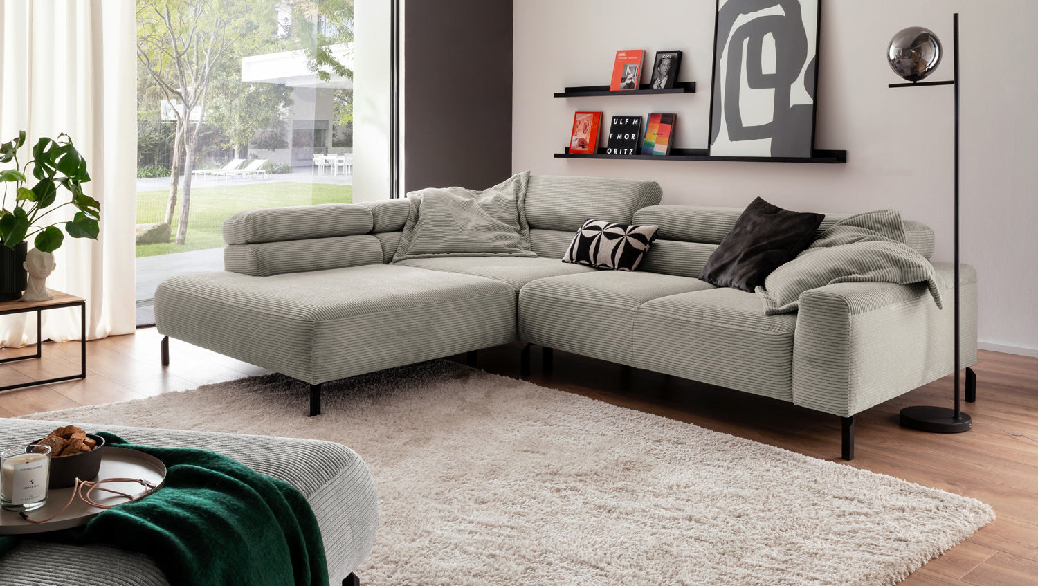 KAWOLA Sofa DELIA Ecksofa Cord steingrau, 276 x 219, Links, Ohne Komfortfunktion