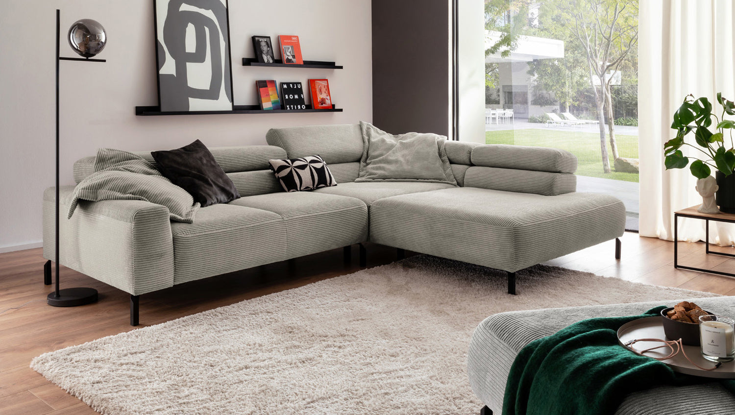 KAWOLA Sofa DELIA Ecksofa Cord steingrau, 312 x 219, Rechts, Ohne Komfortfunktion