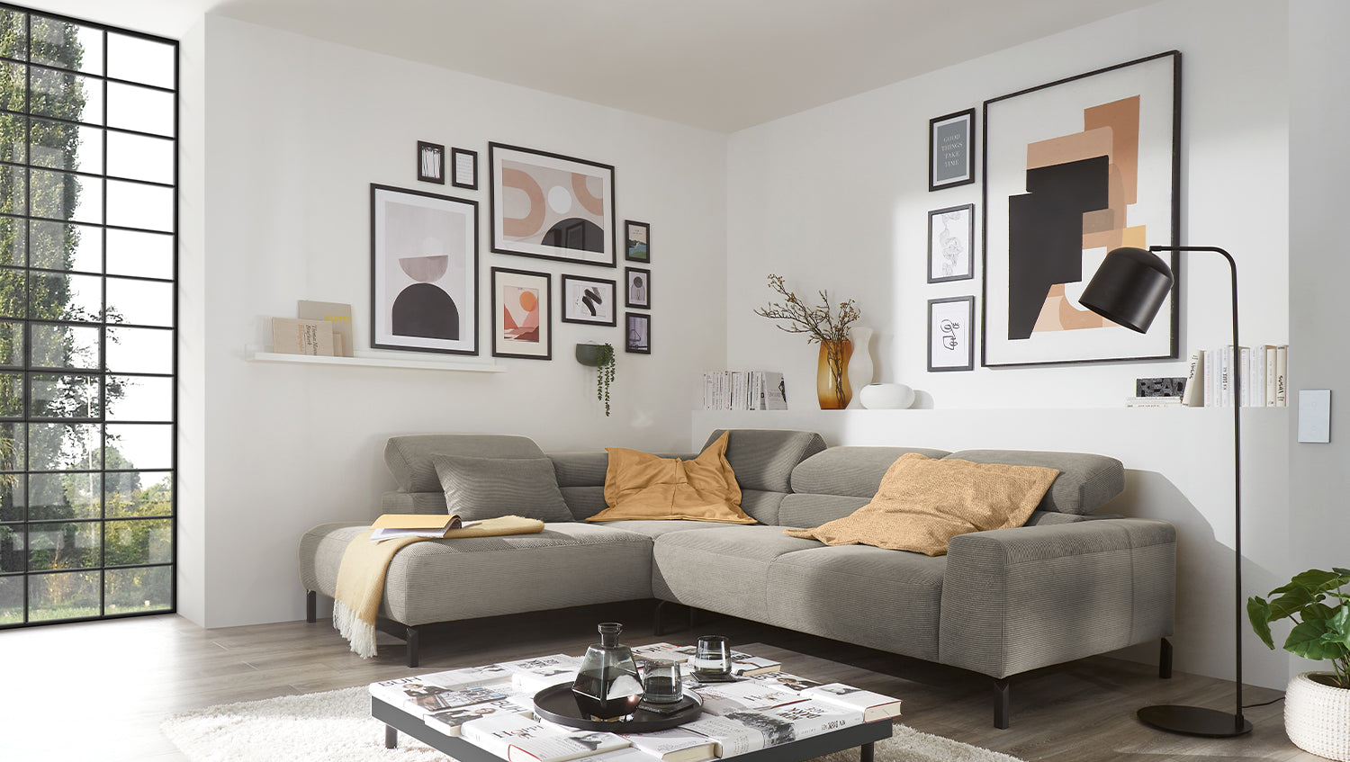 KAWOLA Sofa DELIA Ecksofa Feincord grau, Links, Ohne Komfortfunktion