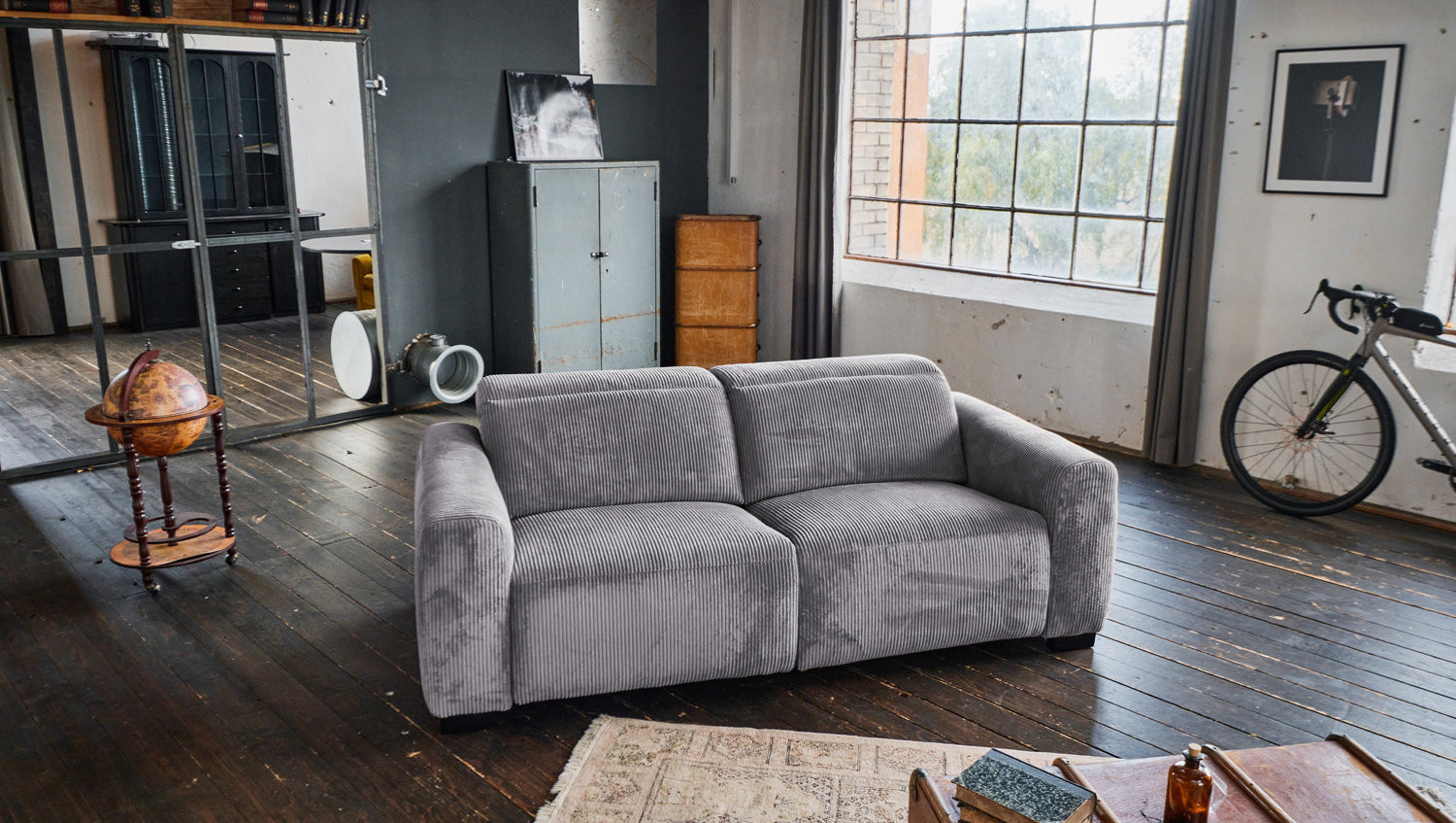 KAWOLA Sofa FINN 3-Sitzer mit Relaxfunktion Cord grau