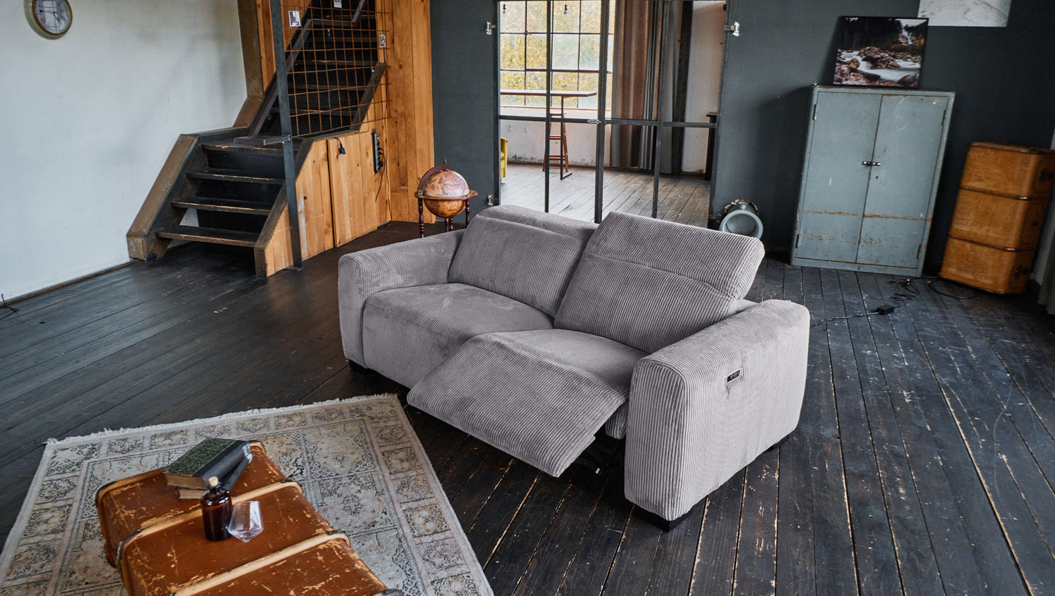 KAWOLA Sofa FINN 3-Sitzer mit Relaxfunktion Cord grau