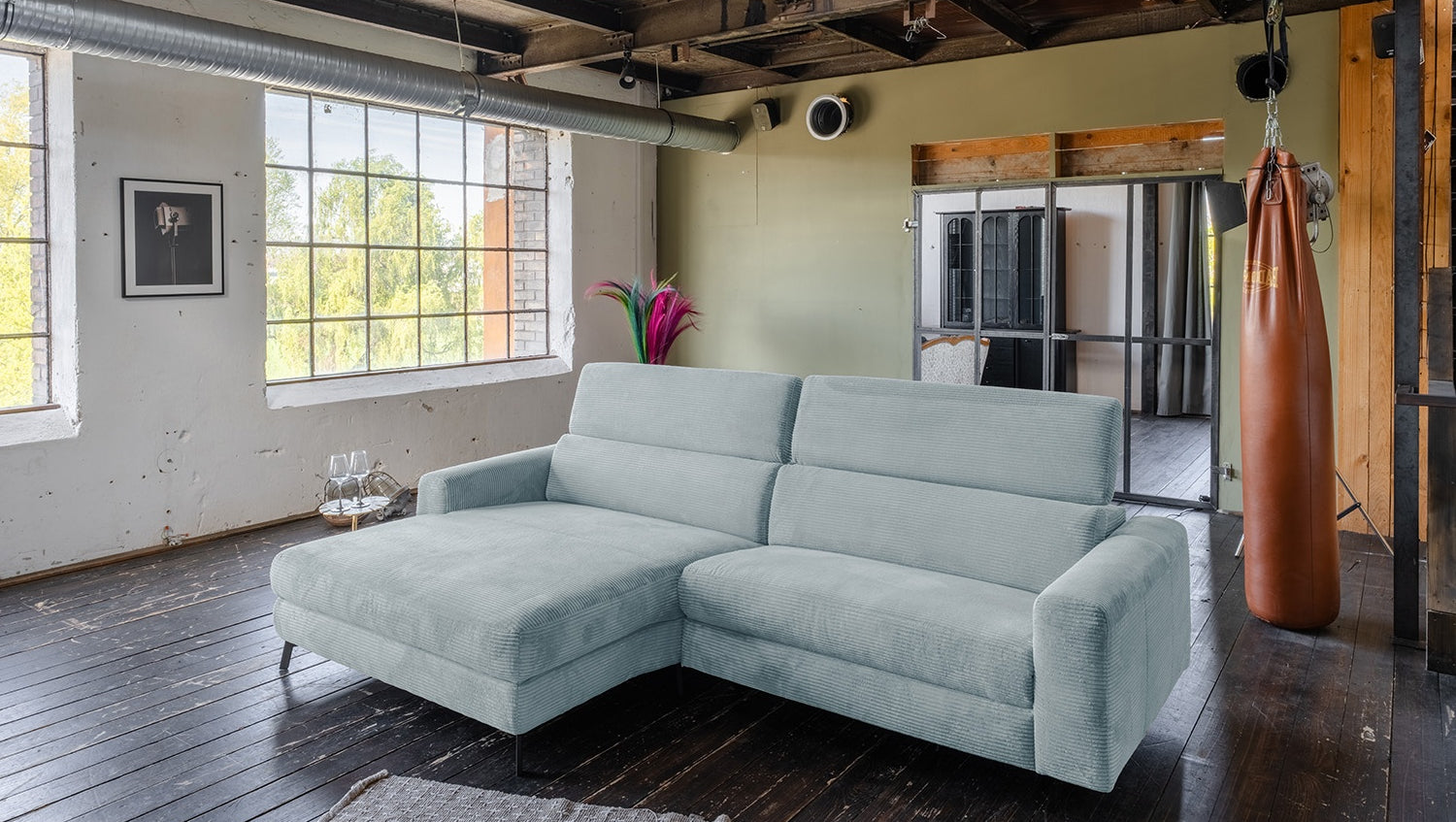KAWOLA Sofa LAISKA Ecksofa Cord hellblau, Links