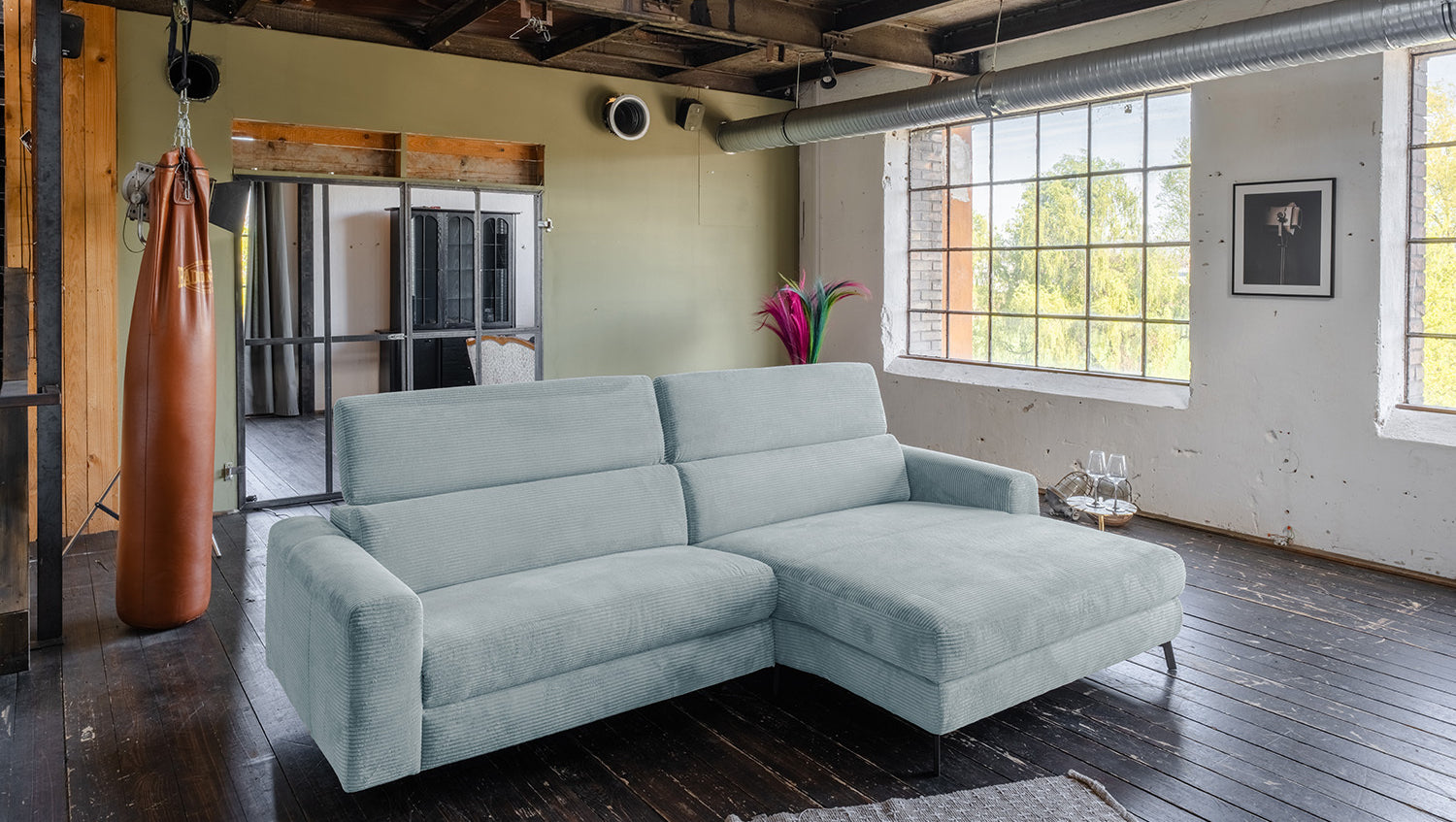 KAWOLA Sofa LAISKA Ecksofa Cord hellblau, Rechts