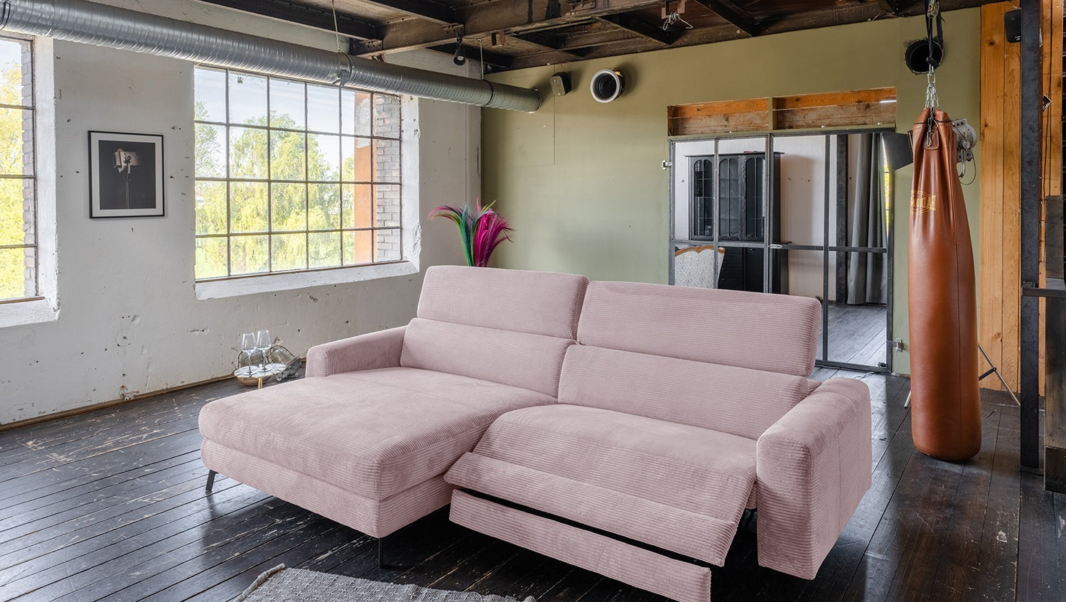 KAWOLA Sofa LAISKA Ecksofa Relaxfunktion teilmotorisch Cord rosa, Links