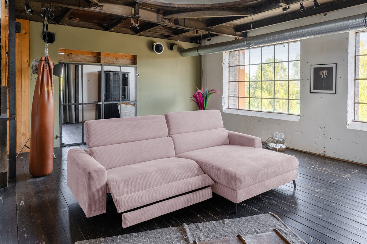 KAWOLA Sofa LAISKA Ecksofa Relaxfunktion teilmotorisch Cord rosa, Rechts