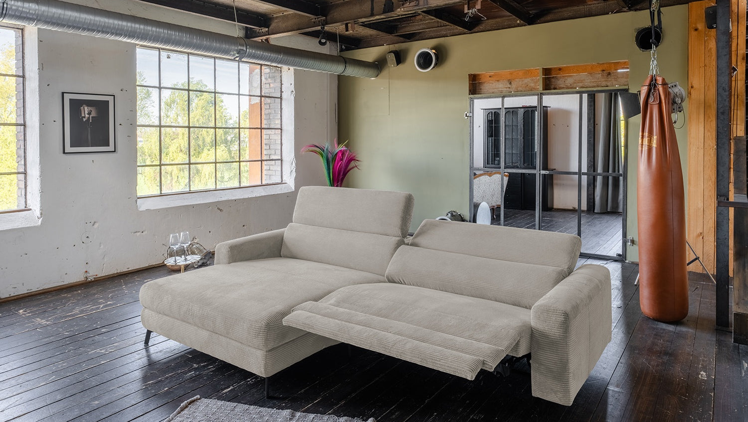KAWOLA Sofa LAISKA Ecksofa Relaxfunktion teilmotorisch Cord steingrau