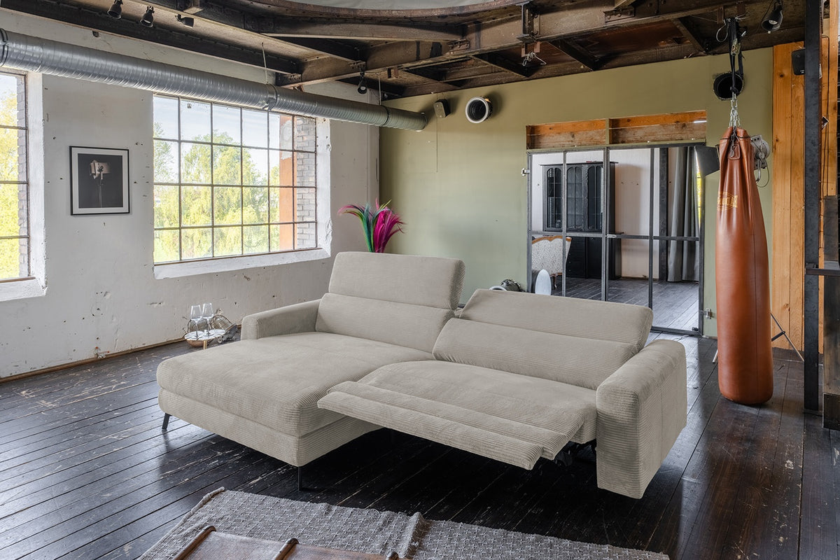 KAWOLA Sofa LAISKA Ecksofa Relaxfunktion teilmotorisch Cord steingrau