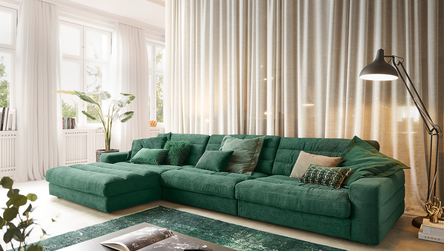 KAWOLA Sofa LANA XL Ecksofa Cord smaragd, Links