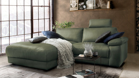 KAWOLA Sofa LOLA Ecksofa Leder moosgrün mit motorischer Relaxfunktion, 233 x 178, Links