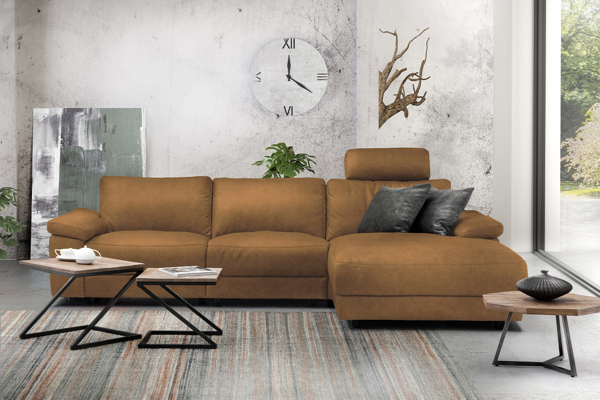 KAWOLA Sofa LOLA Ecksofa Stoff cognac mit motorischer Relaxfunktion, 304 x 178, Rechts