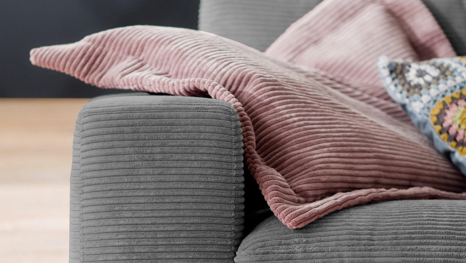 KAWOLA Sofa MADELINE 3-Sitzer Cord grau