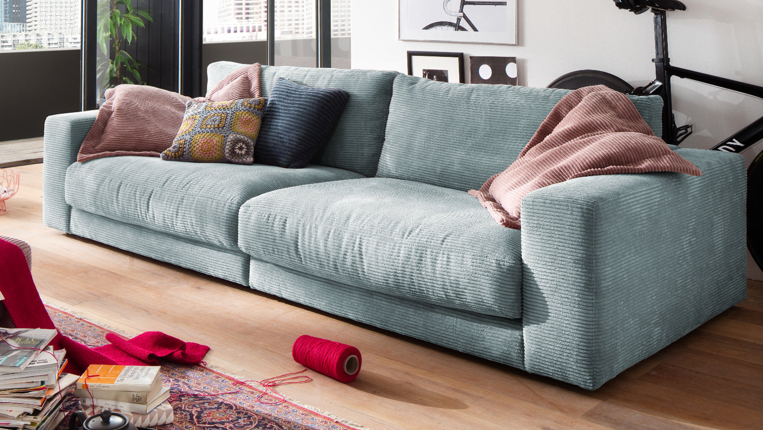 KAWOLA Sofa MADELINE 3-Sitzer Cord hellblau