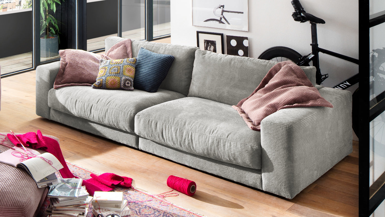 KAWOLA Sofa MADELINE 3-Sitzer Cord hellgrau