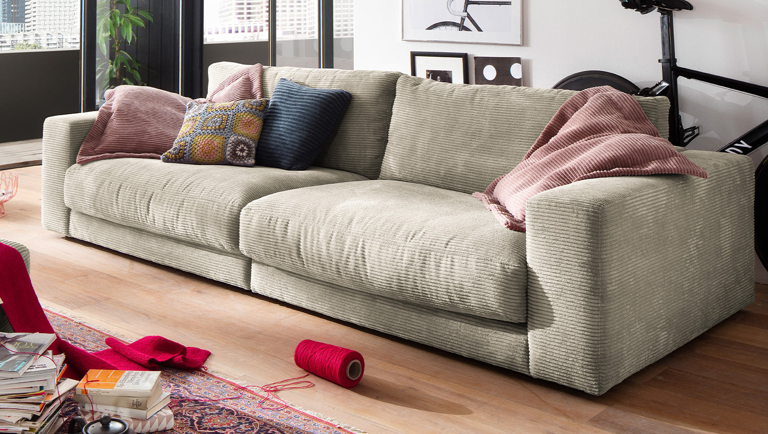 KAWOLA Sofa MADELINE 3-Sitzer Cord steingrau