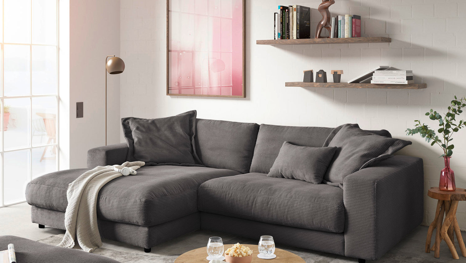 KAWOLA Sofa MADELINE Ecksofa mit Longchair Cord grau, Links