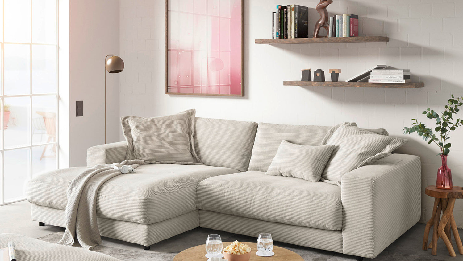 KAWOLA Sofa MADELINE Ecksofa mit Longchair Cord hellgrau, Links