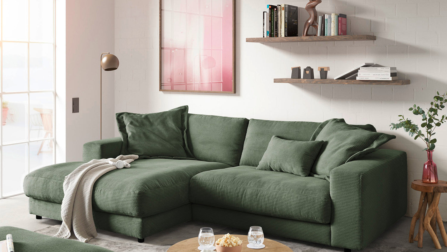 KAWOLA Sofa MADELINE Ecksofa mit Longchair Cord olivgrün, Links