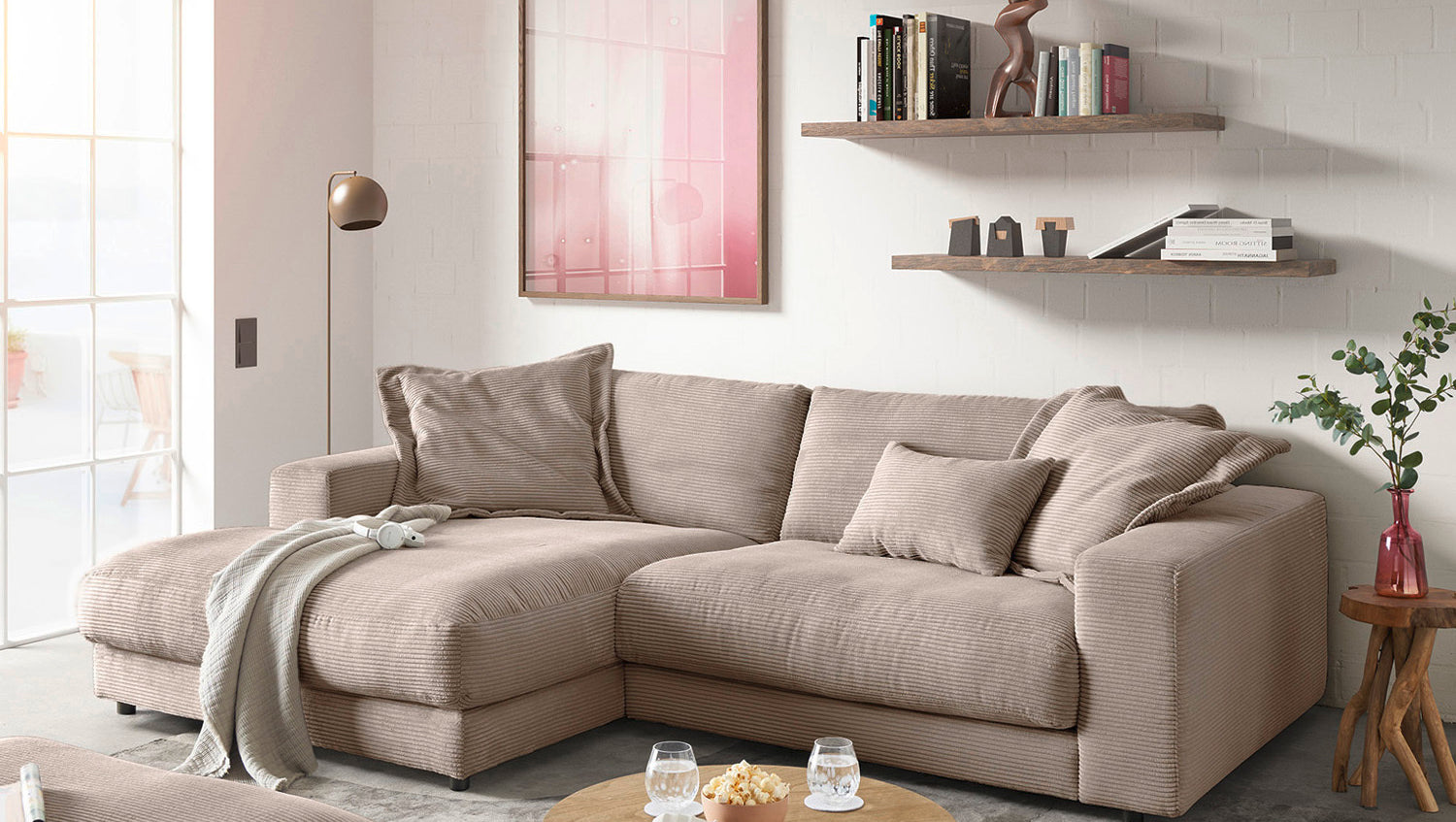 KAWOLA Sofa MADELINE Ecksofa mit Longchair Cord taupe, Links