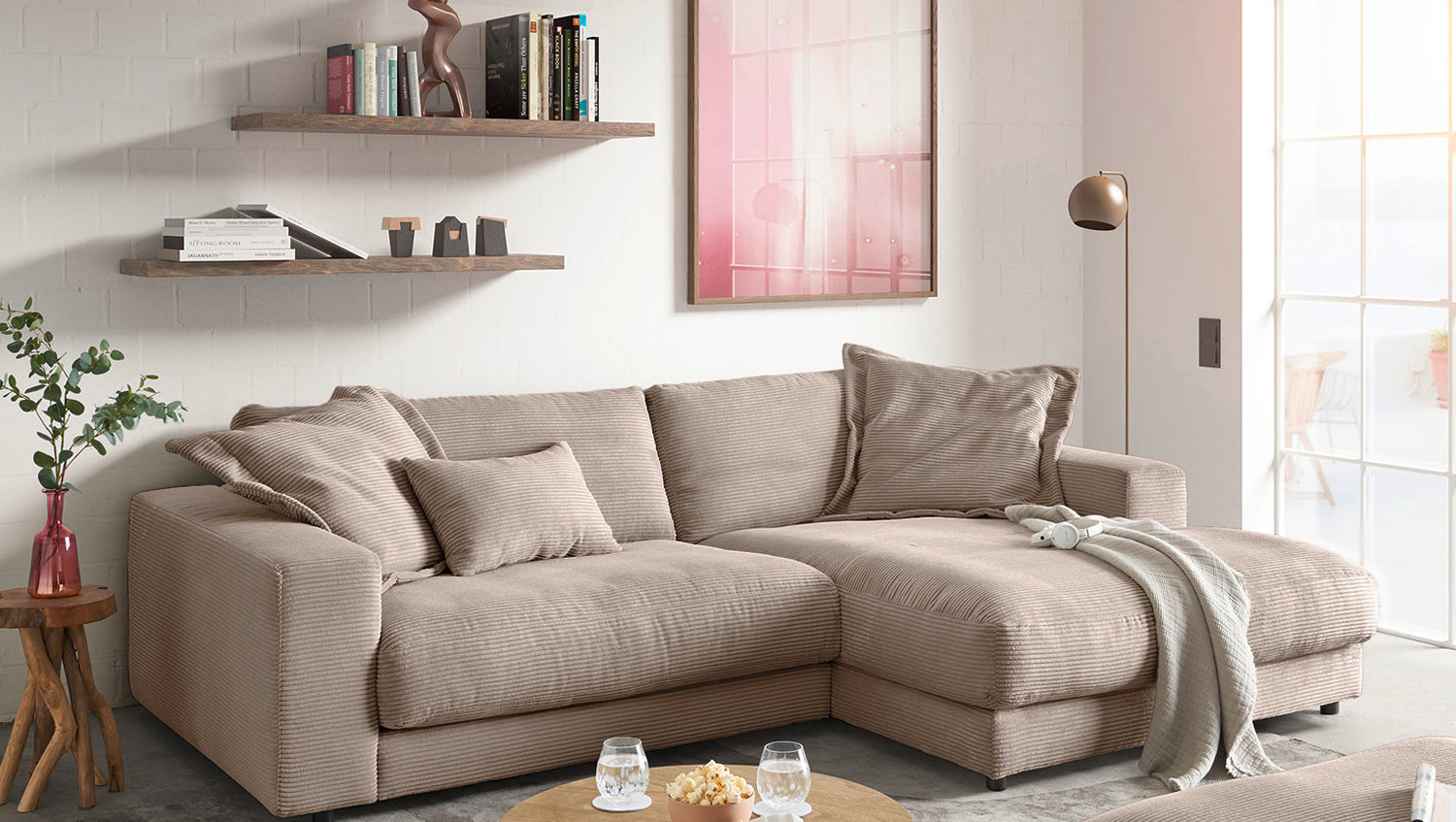 KAWOLA Sofa MADELINE Ecksofa mit Longchair Cord taupe, Rechts