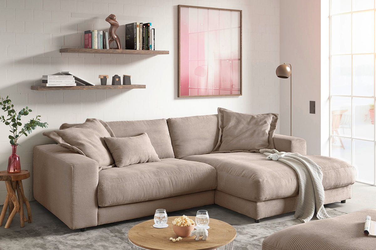 KAWOLA Sofa MADELINE Ecksofa mit Longchair Cord taupe, Rechts