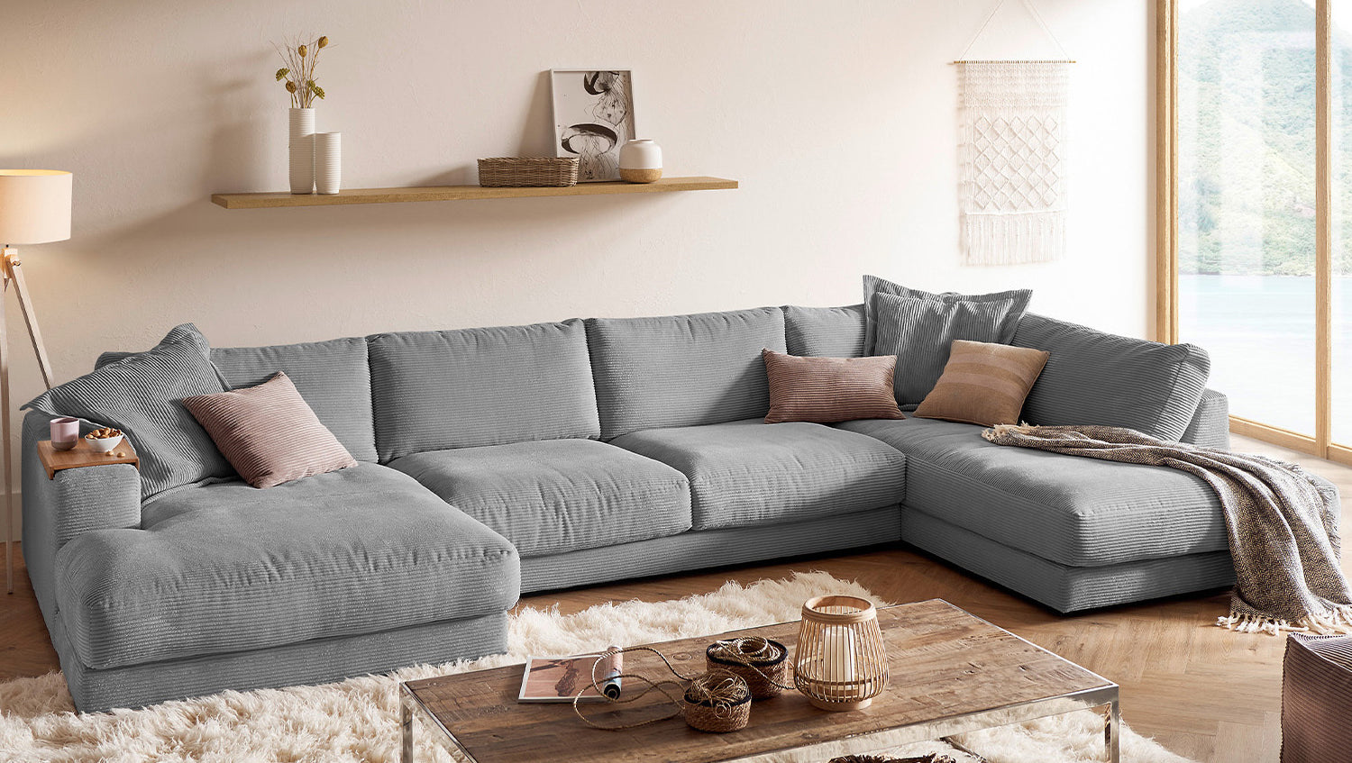 KAWOLA Sofa MADELINE Wohnlandschaft U-Form Cord grau