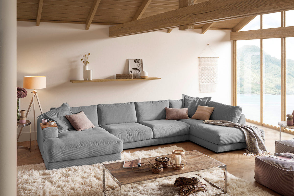 KAWOLA Sofa MADELINE Wohnlandschaft U-Form Cord grau, Links