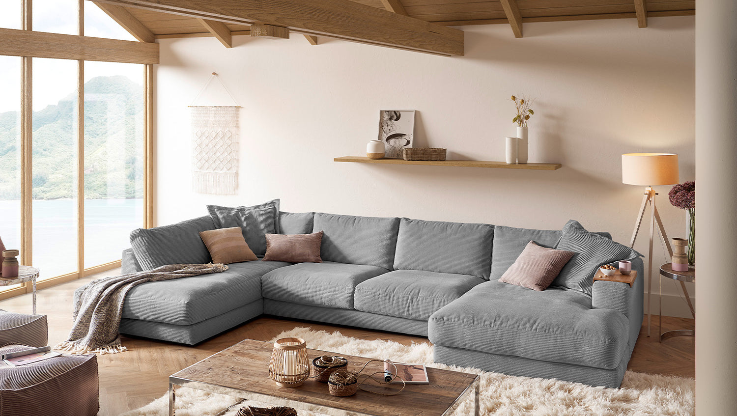KAWOLA Sofa MADELINE Wohnlandschaft U-Form Cord grau, Rechts