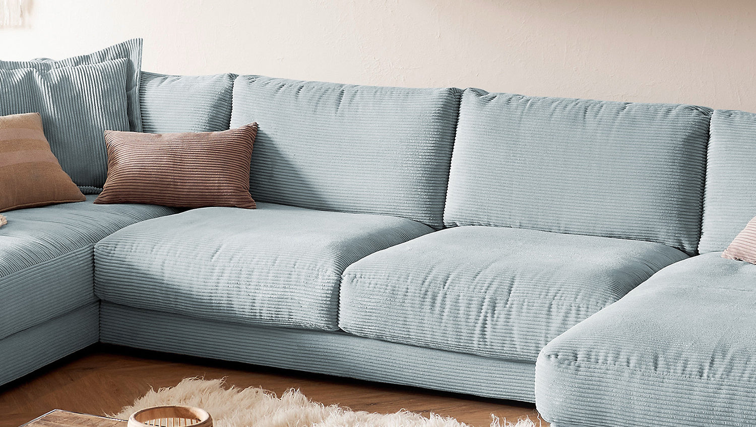 KAWOLA Sofa MADELINE Wohnlandschaft U-Form Cord hellblau