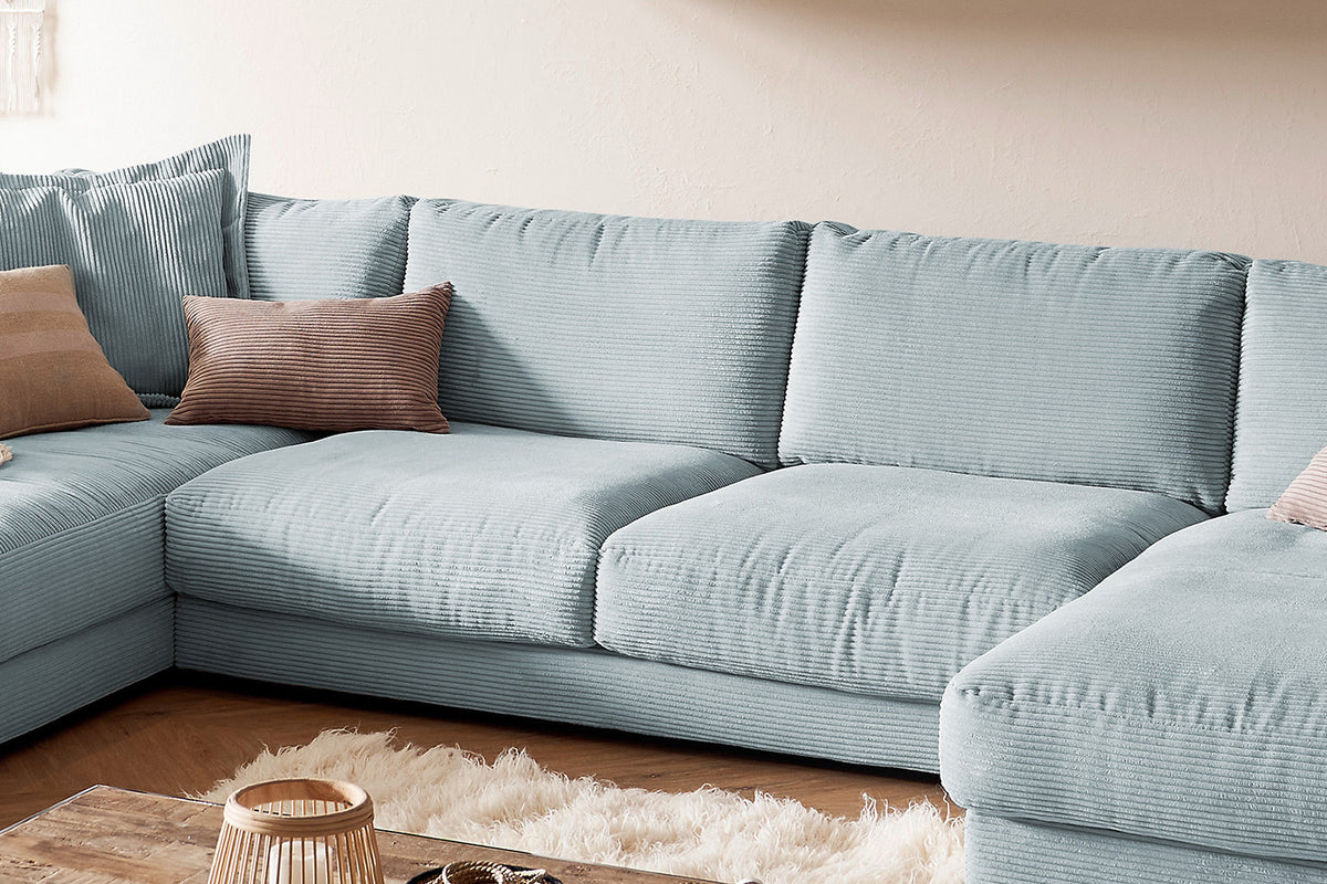 KAWOLA Sofa MADELINE Wohnlandschaft U-Form Cord hellblau