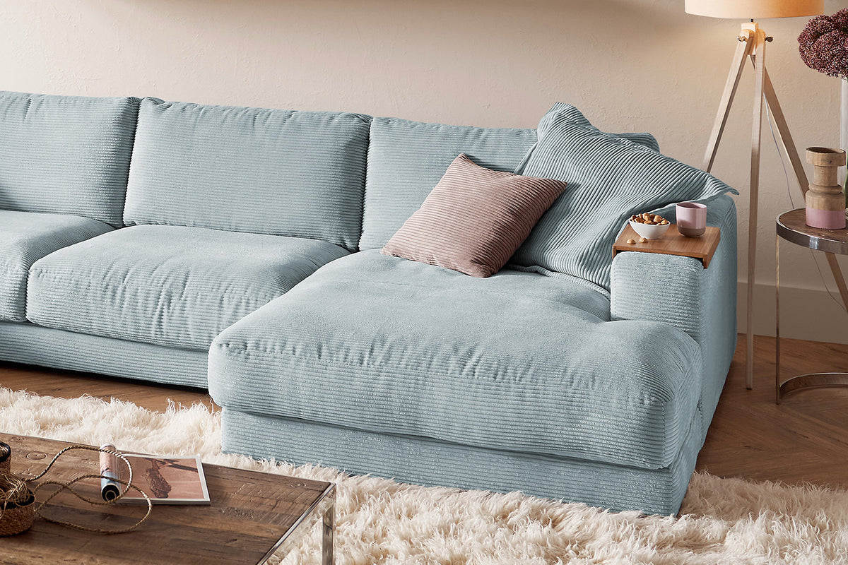KAWOLA Sofa MADELINE Wohnlandschaft U-Form Cord hellblau