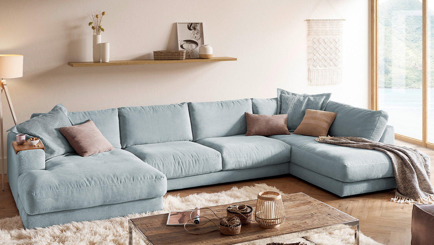KAWOLA Sofa MADELINE Wohnlandschaft U-Form Cord hellblau