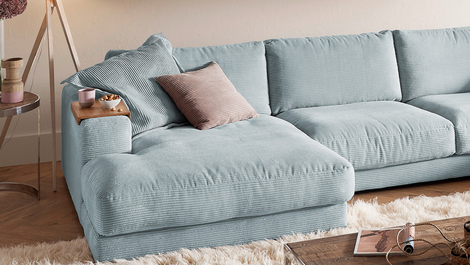 KAWOLA Sofa MADELINE Wohnlandschaft U-Form Cord hellblau