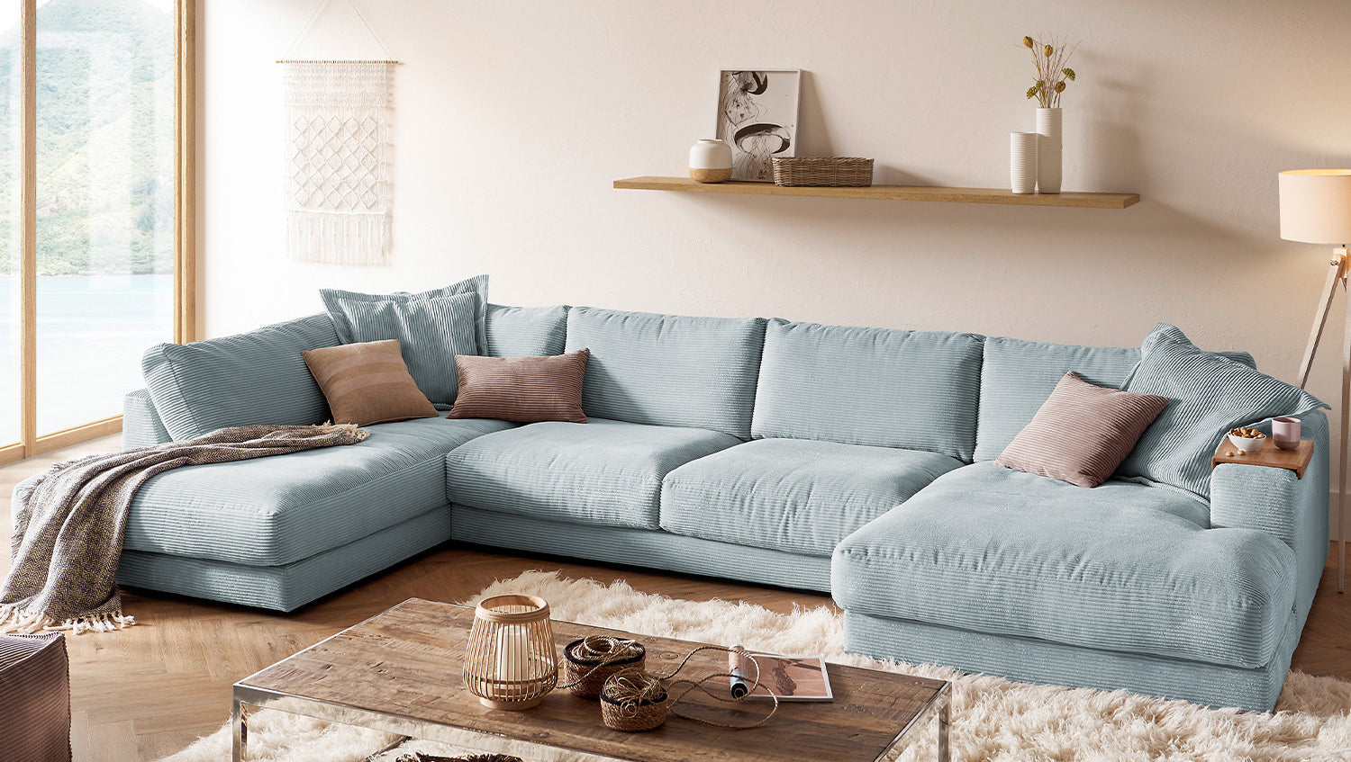 KAWOLA Sofa MADELINE Wohnlandschaft U-Form Cord hellblau